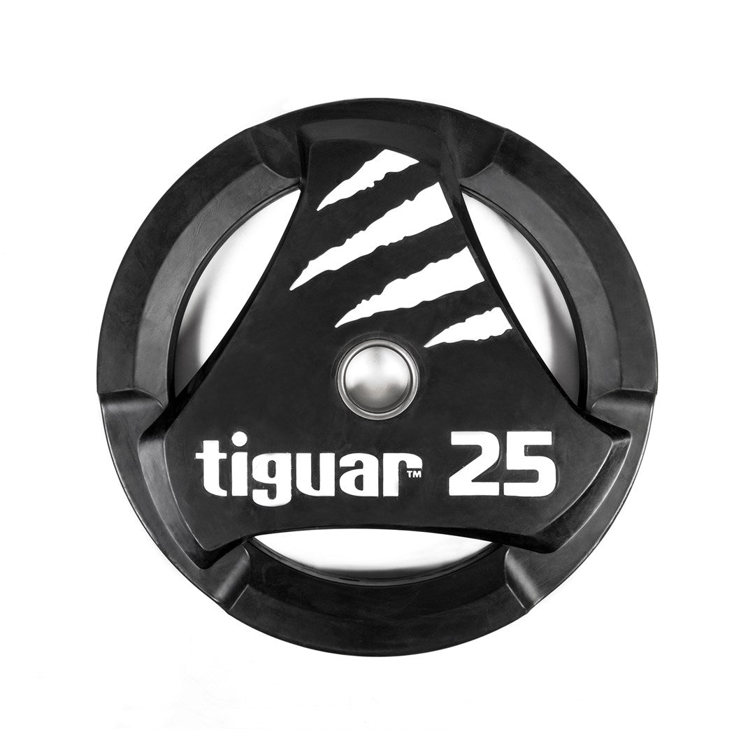 tiguar PU Gewichtsscheibe 25 kg  Gusseisen mit Polyurethan-Ummantelung, vibrationsdämpfend, rutschfest, mit Griffen, ideal für Hanteln & Krafttraining