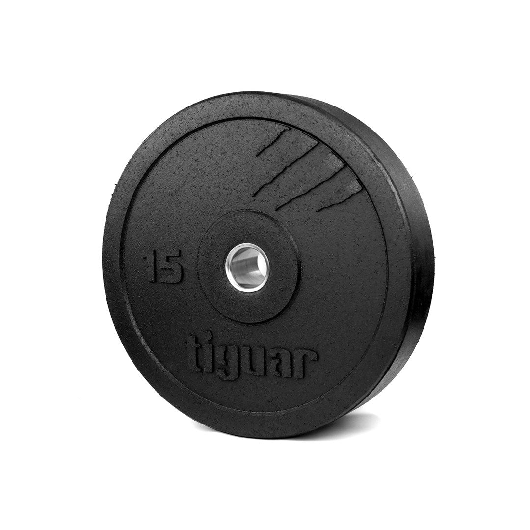 tiguar Bumper Plate 15 kg V2  Hantelscheibe aus recyceltem Gummi mit Stahlhülse  Stoßfeste Gewichtsscheibe für Langhanteltraining, Gewichtheben & Functional Fitness